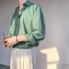 Korean Retro Drape Iron-Free Green & White Shirt, Unisex Long Sleeve, Loose Fit