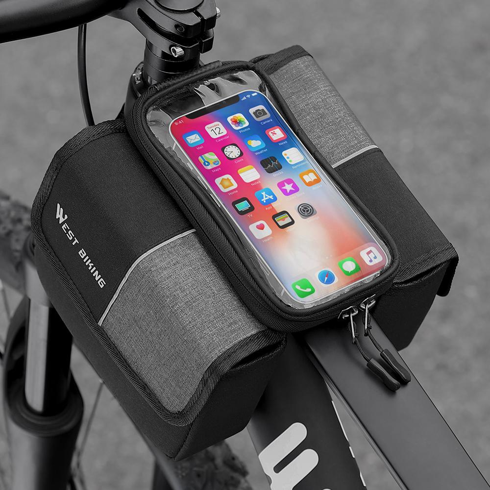 Sac de vélo Double face 2L, sac de tube avant pour cadre de vélo, sac pour téléphone portable à écran tactile, Double fermeture éclair
