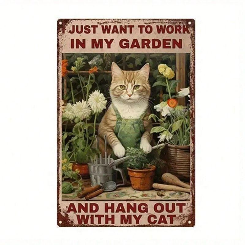 Metal Poster Wall Art Vintage Home Decor Funny Cat Gift Gardener