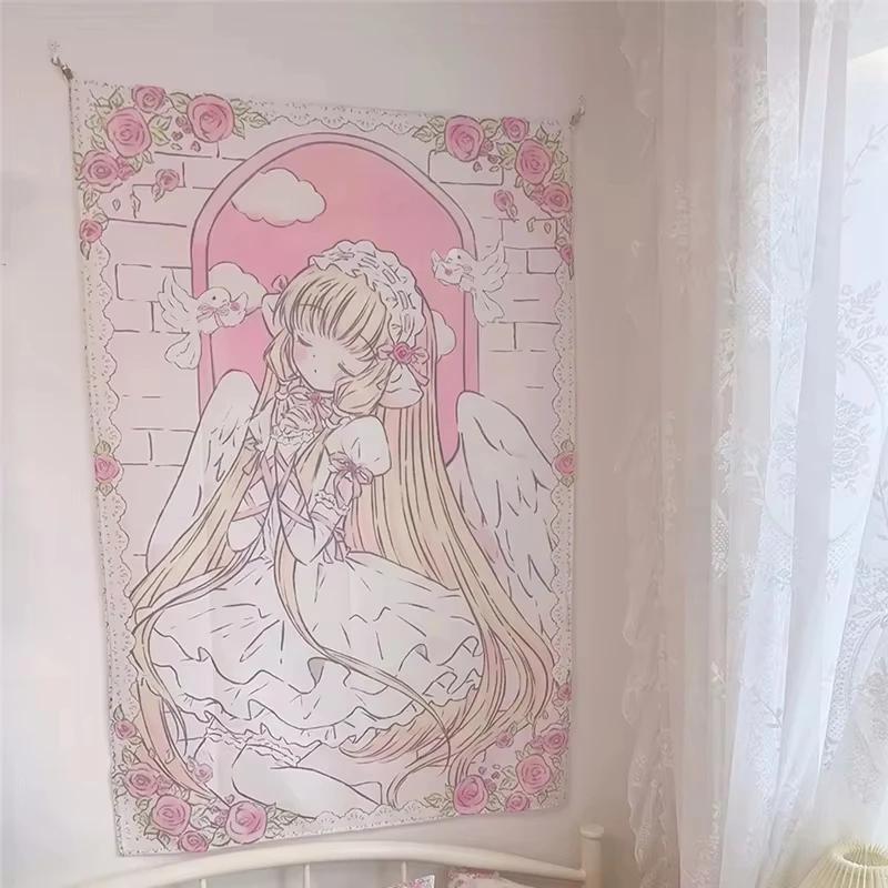 Angel Girl Tapestry Pink Gold Lace Dove Arch Anime Style Bedroom Ins Home Decoration