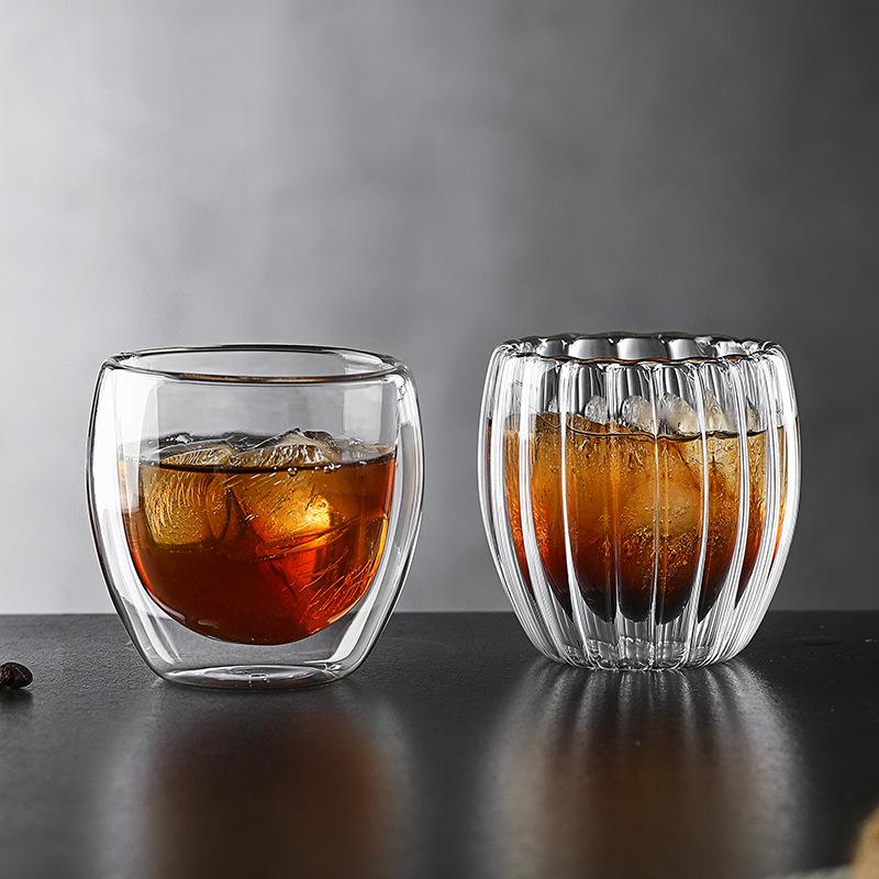 Glazen beker eivormig gestreept dubbelwandige glazen beker hoge borosilicaat koffiebeker transparante geïsoleerde dubbelwandige glazen beker