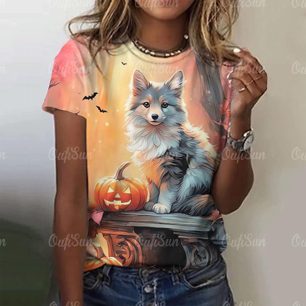 Neues T-Shirt für Damen 3D Wolf Print T-Shirts O-Ausschnitt Locker Kurzarm Bluse Damenmode Tiergrafik Tops Harajuku Streetwear