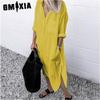 Summer Autumn Elegant Solid Color Slit Dress Simple Nail Button Long Shirt Dress Women