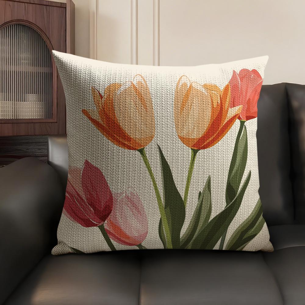 Watercolor Tulip Painting Cushion Cover Natural Linen Organic Fabric Double-Sided Printing Sofa Home Decor Gift Pillow Case