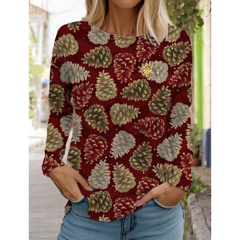Ladie Christmas Reindeer Print Long Sleeve T-Shirt Christmas Cartoon Pattern Sports Casual Cute Polyester Round Neck Long Sleeve