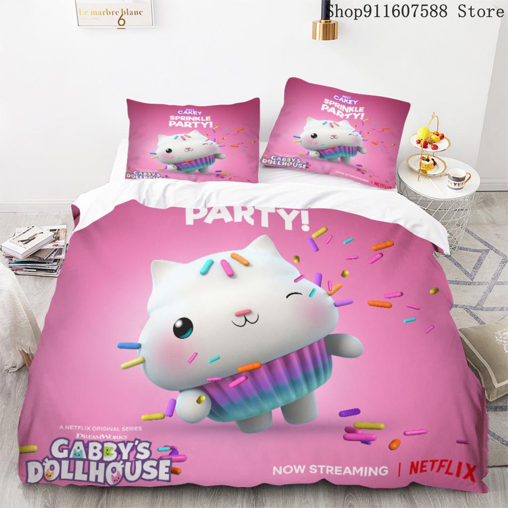 Gabbys Puppenhaus Bettwäscheset Kawaii Bettwäscheset Einzel-Doppelgröße Heimdeko für Mädchen Kinder Cartoon Niedliche Katze Bettbezugset