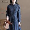 Japanese Mori Girl Spring Autumn Women Dress Peter Pan Collar Print Cotton Dress Long Sleeve Vintage Loose Navy Dress
