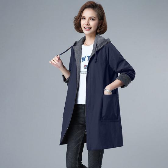 Spring Fall Women Jacket Hooded Long Sleeves Drawstring Plus Size Pockets Zipper Closure Windbreaker Mid Length Solid Color Big Pockets Windproof Warm