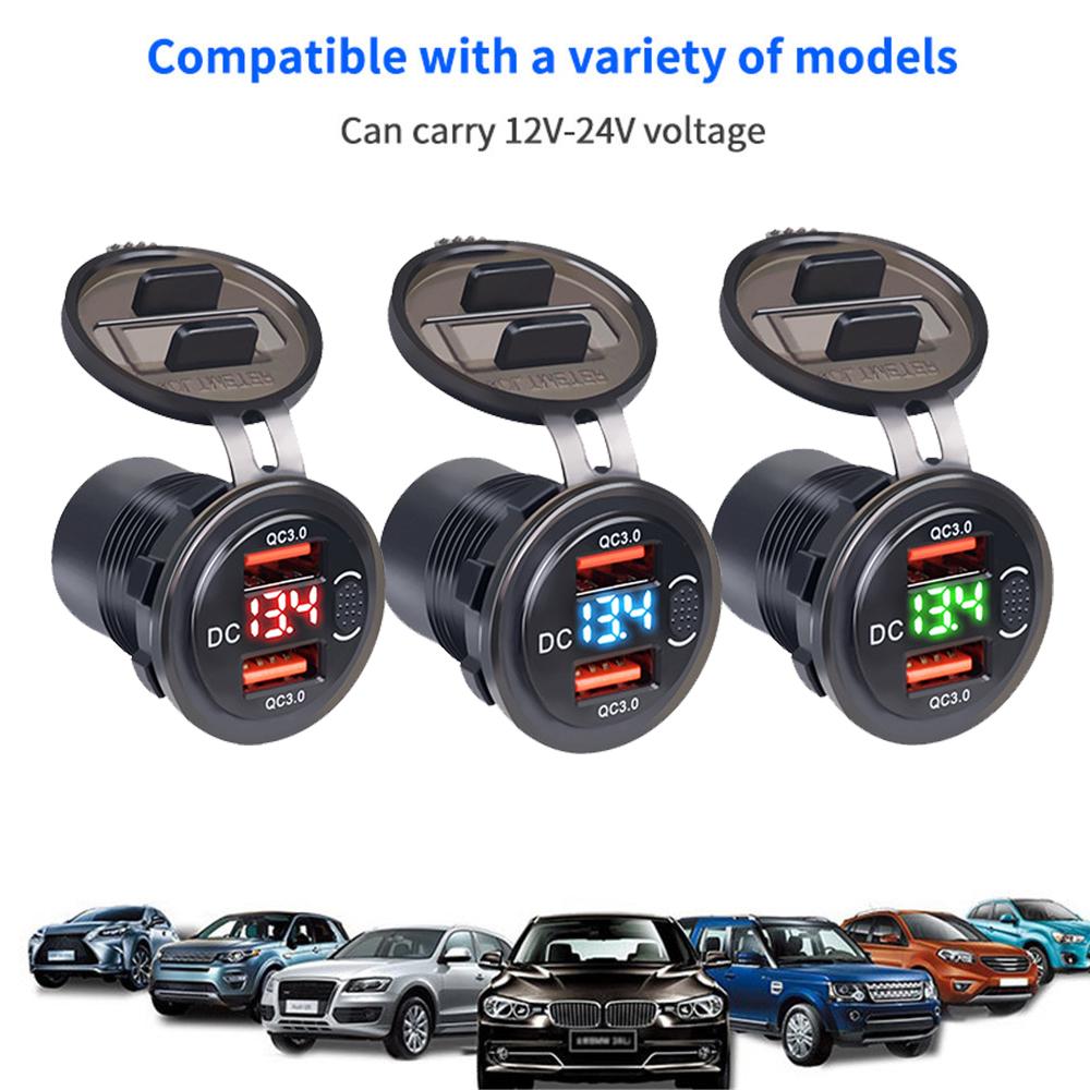 12V/24V Dobbel USB QC3.0-uttak Billader USB-tenneruttak Vanntett Med LED-voltmeter PÅ/AV-bryter Hurtigladeadapter Biltilbehør