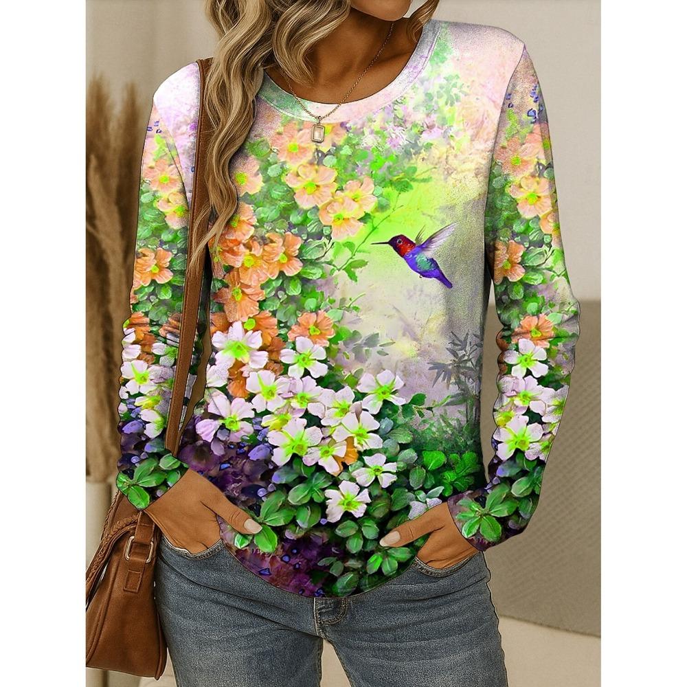 T-shirts pour femmes Graphique floral T-shirts oiseaux Mode Élégant Manches longues Col ras du cou Hauts réguliers