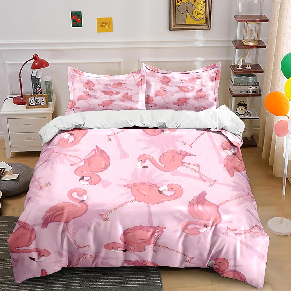 Ensemble de housse de couette motif flamants sur fond rose Impression numérique Literie colorée en polyester avec fermeture éclair pour cadeaux d'enfants