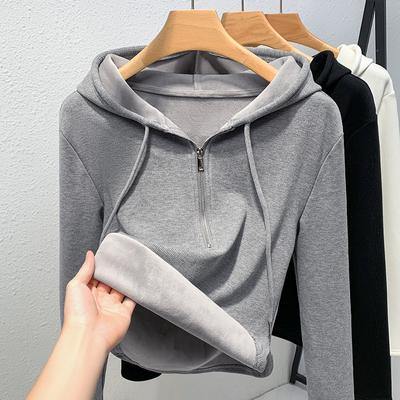 Black Half-zipper Hooded Sweatshirt for Women In Spring New Style with Hooded Base Shirt Casual Waist Top
