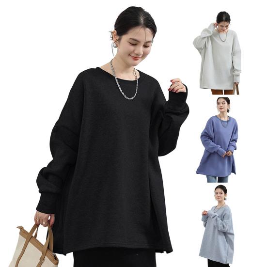 Frauen Herbst Winter Sweatshirt Rundhals Lose Schlitz Saum Plüsch-gefüttert Elastische Bündchen
