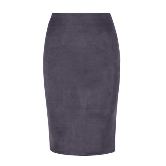Women Pencil Skirt High Waist Hip Wrapped Solid Color Suede Skirt Back Slit Design Zipper Placket Knee-Length Skirt