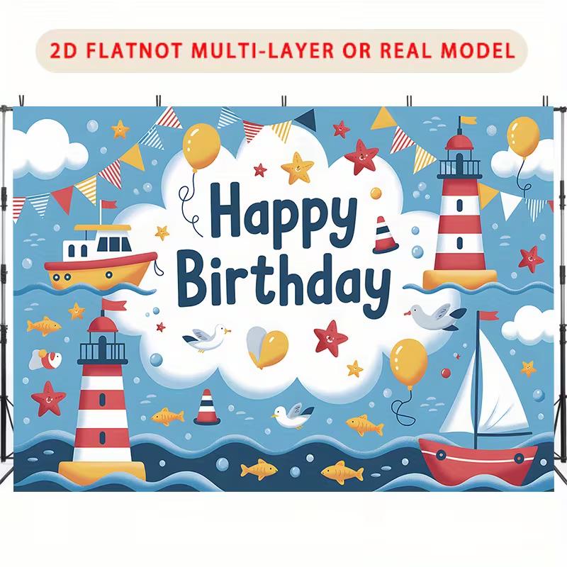 2D Ocean Nautical Birthday Backdrop Banner Cartoon Sea Theme Party Decoration