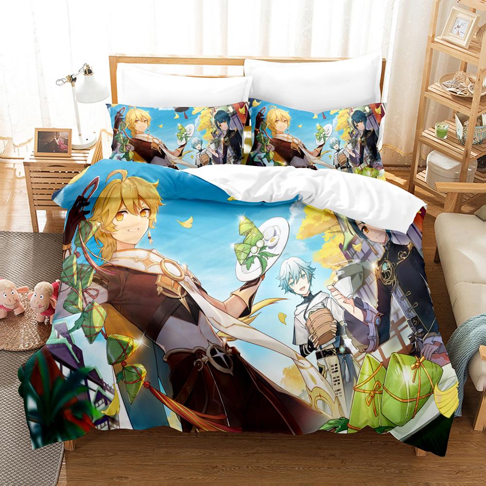 New 3D Digital Printed Games Genshin Impact ThreePiece Bedding Set With Winter Home Polyester Quilt Cover With Cartoon Pattern