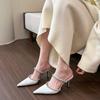 So beautiful! Rhinestone word shallow mouth high heels women's spring pointed head thin heel half slippers women show long legs
