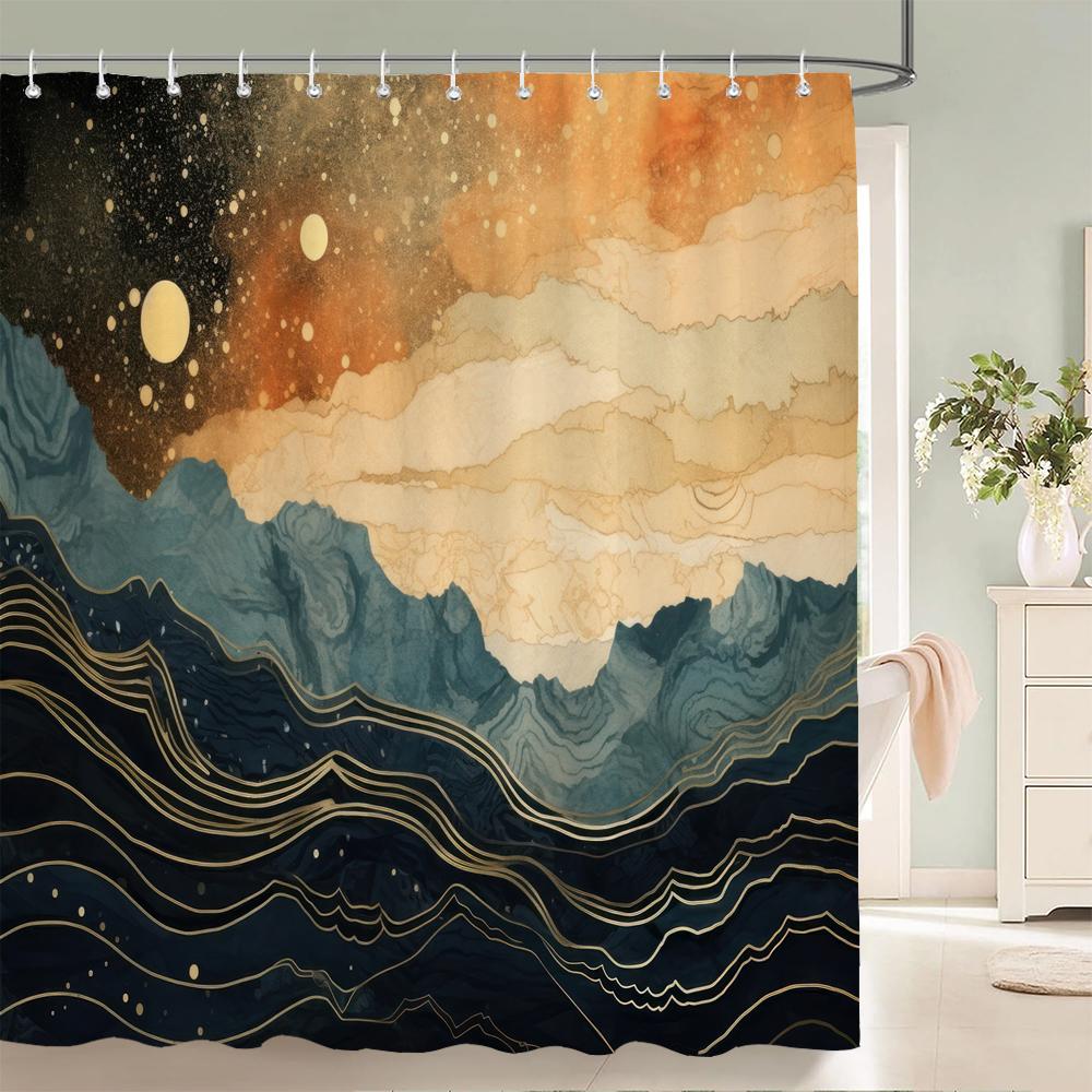 Watercolor Japanese Landscape Style Shower Curtain, Texture Fabric Bathroom Decor Waterproof Fabric Shower Curtian with Hooks