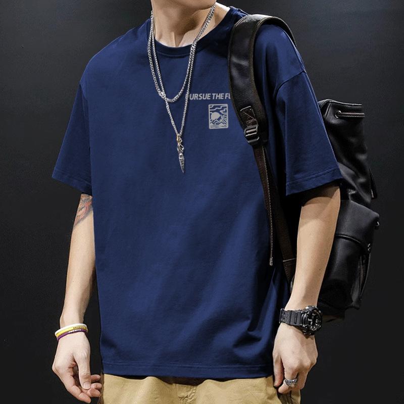Summer Pure Cotton Short Sleeved Printed T-shirt Men's Loose Round Neck Men's Top Base Shirt Trend Top
