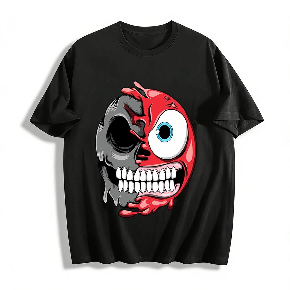 Half Skull Creepy Print Trendy Cool Casual Short Sleeve T-Shirt Pure cotton T-shirt