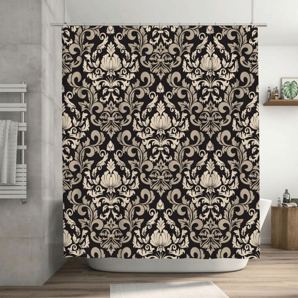 Vintage Damask Shower Curtain Black Cream Luxury Bath Decor for Home Bathroom 72 x 84 Inches (183 x 213 cm) Washable Waterproof