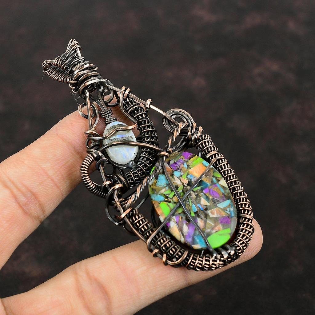 Fiesta Kingman Türkis Anhänger Kupferdraht Umwickelter Edelstein Anhänger Multi Kupfer Türkis Anhänger Regenbogen Mondstein Schmuck Geschenk Für Sie