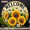 Vintage Sunflower Bee Metal Wall Art, 7.8 Inch Round Rustic Farmhouse Decor for Home Cafe Garage, Christmas Easter Gift