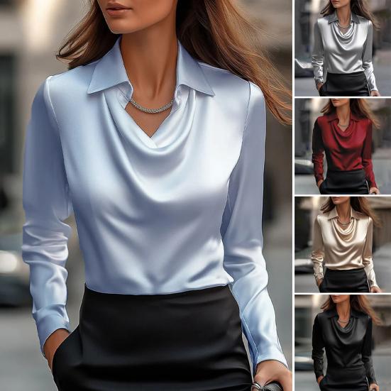 Camisa Feminina Gola Balanço Lapela Manga Longa Camisa de Cetim Cor Sólida Caimento Solto Tops Casuais Trabalho Festa Férias Camisa