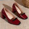Women Heels Spring  Autumn Season Sweet Retro Colored Bow Tie Single Shoes Women Thick Middle Heel Square Headed Women's Shoes