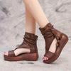 Women Sandals Summer Wedges Mid Heels Sandalias Platform Fish Mouth Sandals 2024Soft Sole PU Retro Cool Boots Sandalias De Mujer
