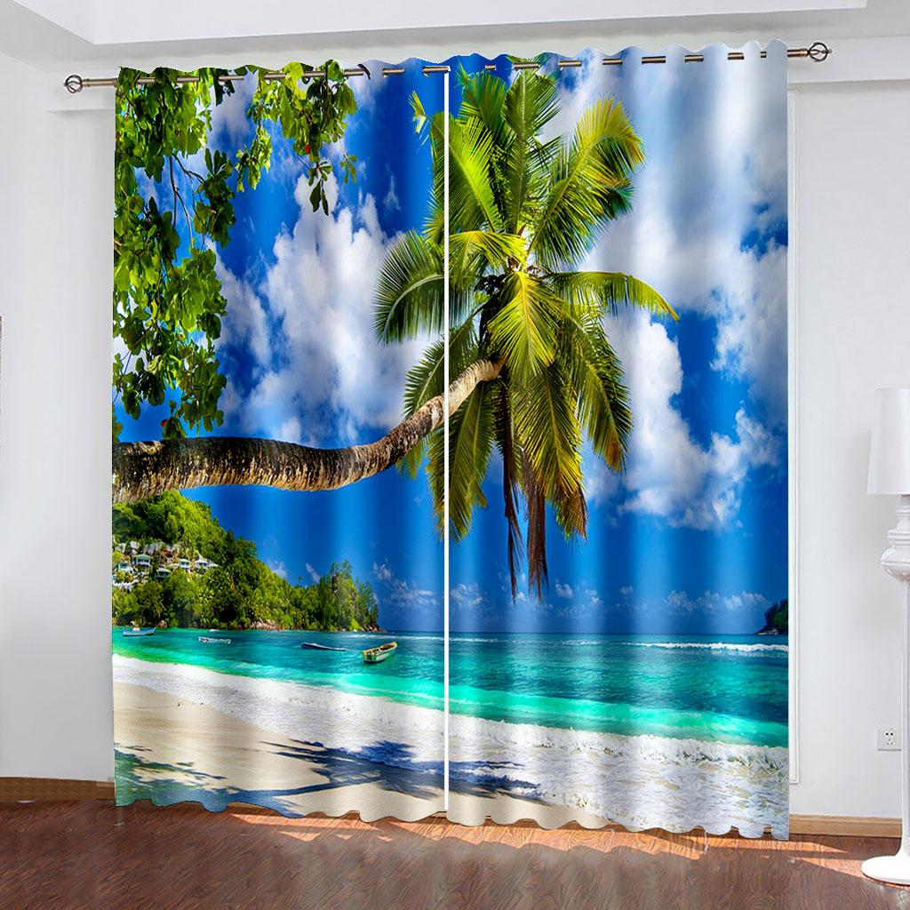 2 Pièces, Rideaux Simples à Poches pour Tringle avec Scène de Plage, Filtrant la Lumière, Convient pour le Salon, le Bureau à Domicile, la Décoration de Chambre