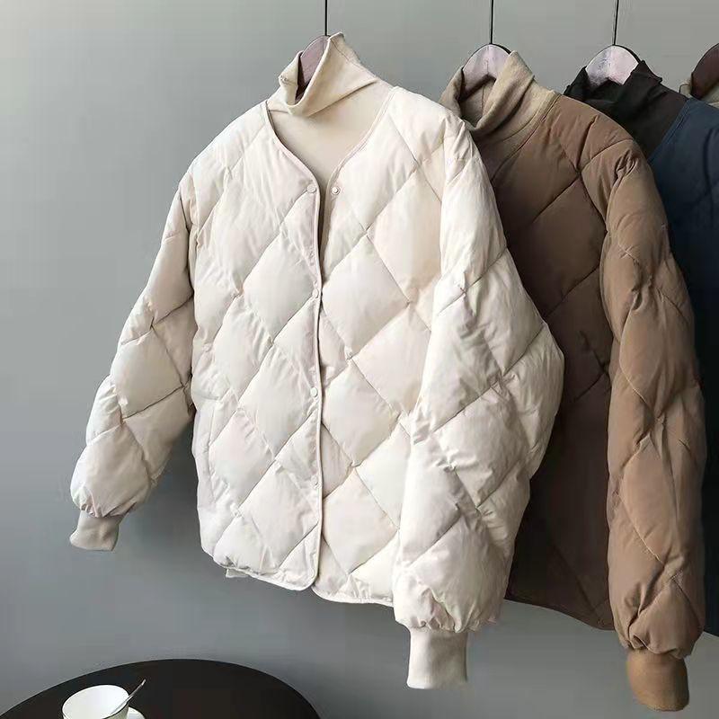 Women's Solid Color V-neck Diamond Lattice Loose Casual Windproof Warm Short Women's Jacket