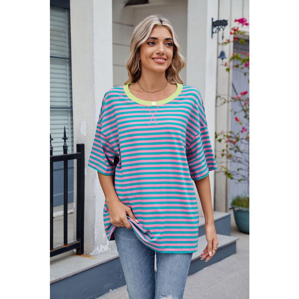 Spring and Summer New Women's Striped Contrasting Loose Short Sleeved T-shirt Top