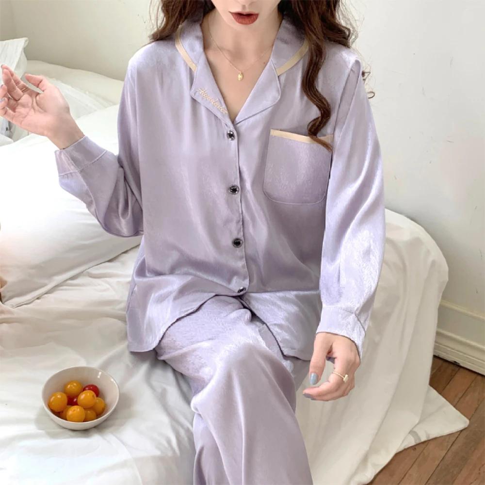Jacquard Isseiden Dam Pyjamas Tvådelade Set Långärmad Byxor Sovkläder Klassiska Eleganta Dam Hemmafritidskläder
