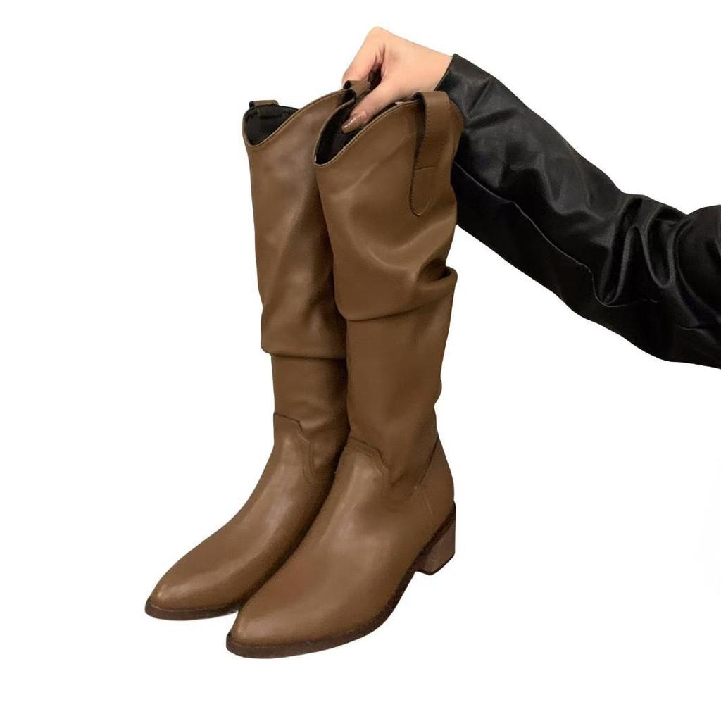 Long Boots Brown V-neck Pile Pile Middle Tube Long Boots Women's Shoes 2025 Autumn Pointed Western Cowboy Boots