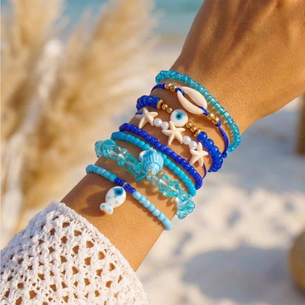 Bohemian Multilayer Pearl Beaded Bracelet Set for Women Summer Ocean Beach Starfish Shell Charm Elastic Bangles Holiday Jewelry