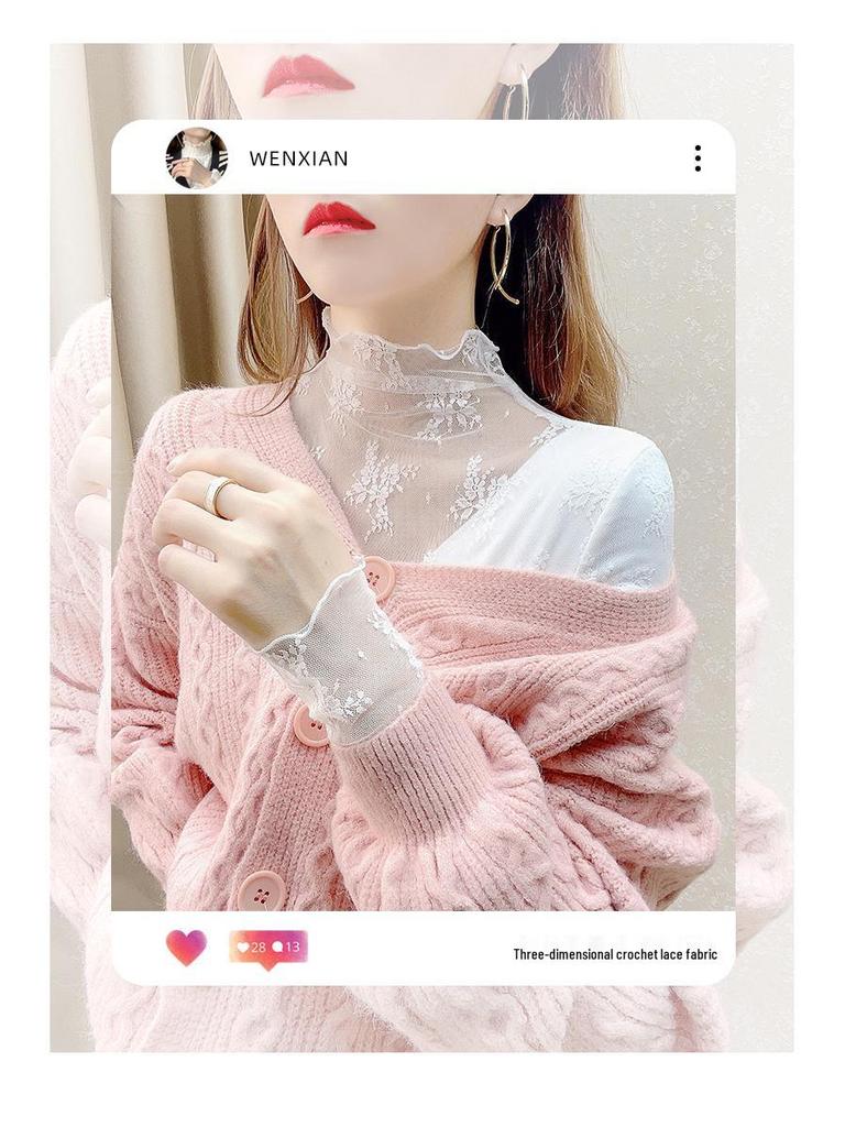 Stylish White Mesh Fleece-Lined High-Neck Lace Shirt for Autumn & Winter, Perfect Under Sweaters.