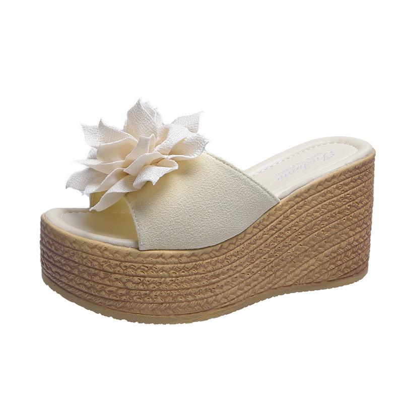 Slippers Women's Outside Casual Fish Mouth High Heel Slippers 2024 Summer New Slope Heel Flower Large Women Sandals Beach Shoes