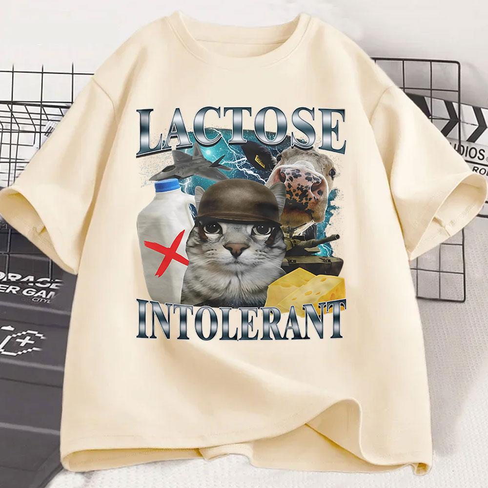 Lactose Intolerant Funny Cat Meme Print TShirt Women Retro Fashion Short Sleeve Tshirts Casual Summer Women Clothing