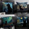 Black Cat Cute Cushion Cover Natural Linen Organic Fabric DoubleSided Printing Sofa Home Decor Gift Pillow Case