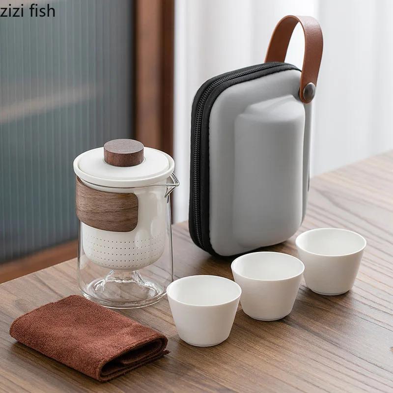 Portable Travel Tea Set Outdoor Ceramic Kung Fu Tea Set Glass Teas Making Tools Teas Infuser Teapot Tea Cup Teaware Sets
