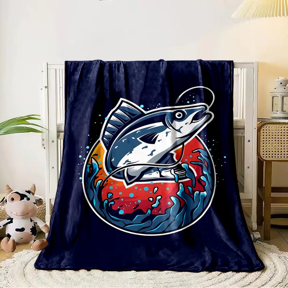 Jumping Fish Illustration with Ocean Waves - Flannel blanket for bedroom, living room, sofa, and nap sofas.