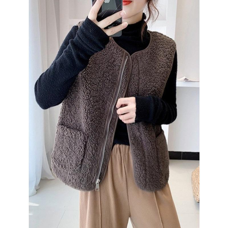 Autumn and Winter Warm Lamb Wool Fleece Granular Fleece Simple Loose Vest Versatile Outer Wear Fur Integrated Zipper Vest