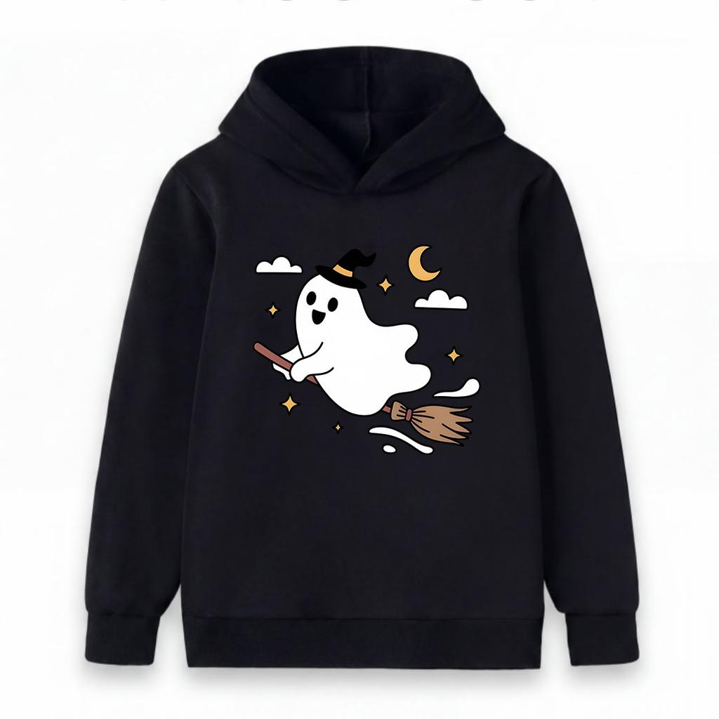 Kids Boys Girls Hoodie, Cute Halloween Ghost Witch Broom Print Pullover Sweatshirt, Casual Soft Long Sleeve Hooded Top for Halloween Party Daily Wear