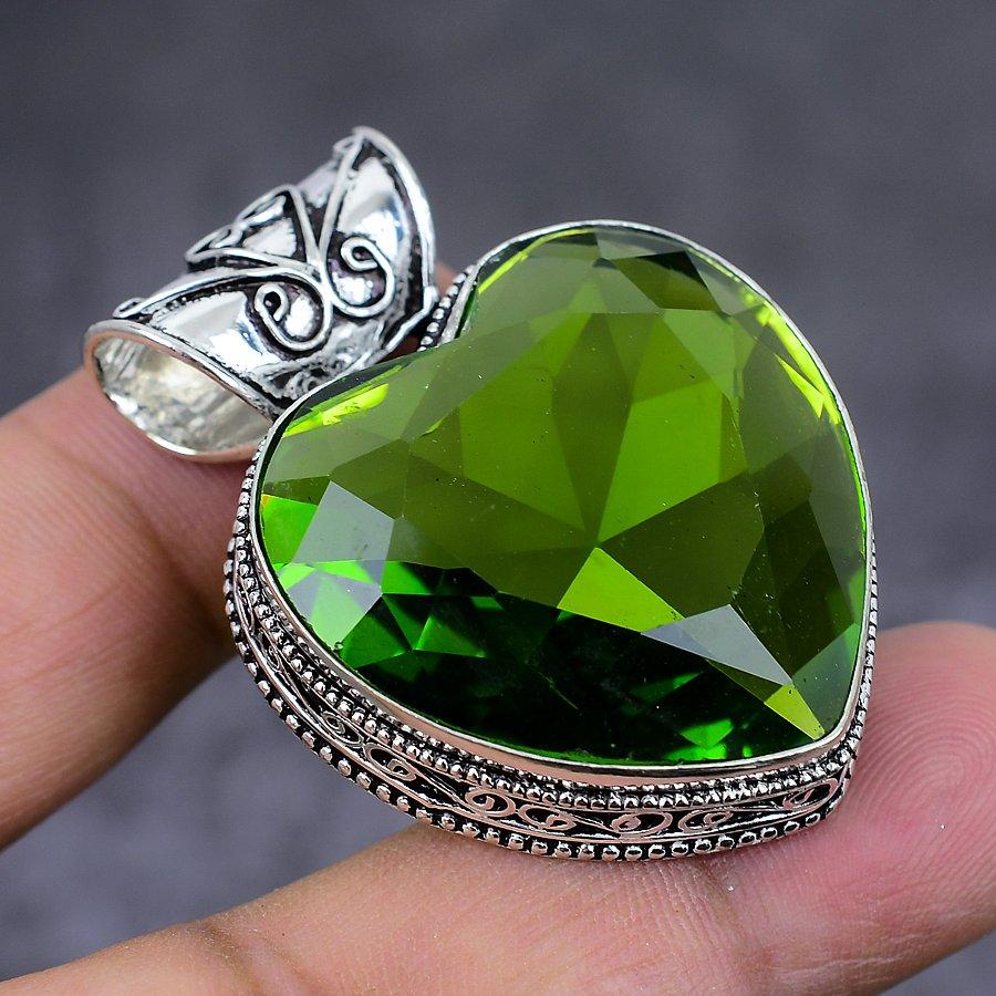 Natural Peridot Gemstone Handmade 925 Sterling Silver Jewelry Pendant 1.77" Y3p59