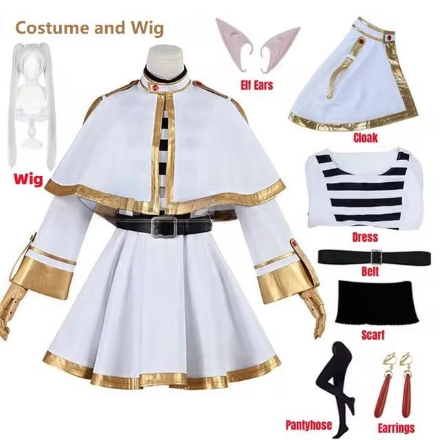 Frieren Cosplay Kostüm Jenseits des Endes der Reise Perücke Schuhe Anime Figuren Magier Kleid Elfenohr Halloween Party Weihnachten für Damen