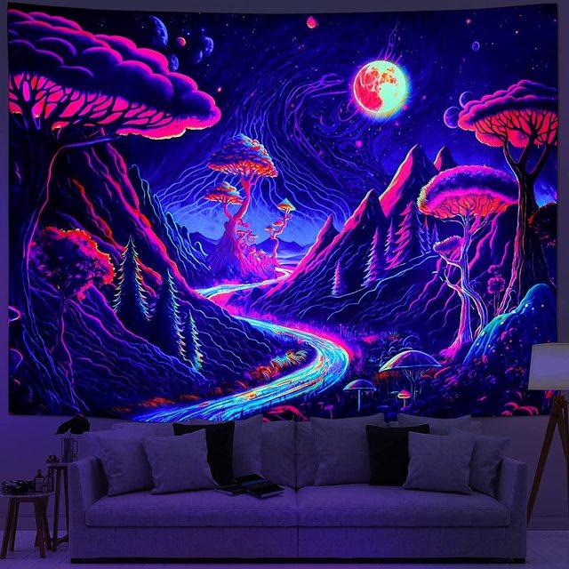 Trippy Planet Tapestry Uv Reactive Waterfall Landscape Room Decor Aesthetic Psychedelic Wall Hanging Mushroom Gothic Home Decor