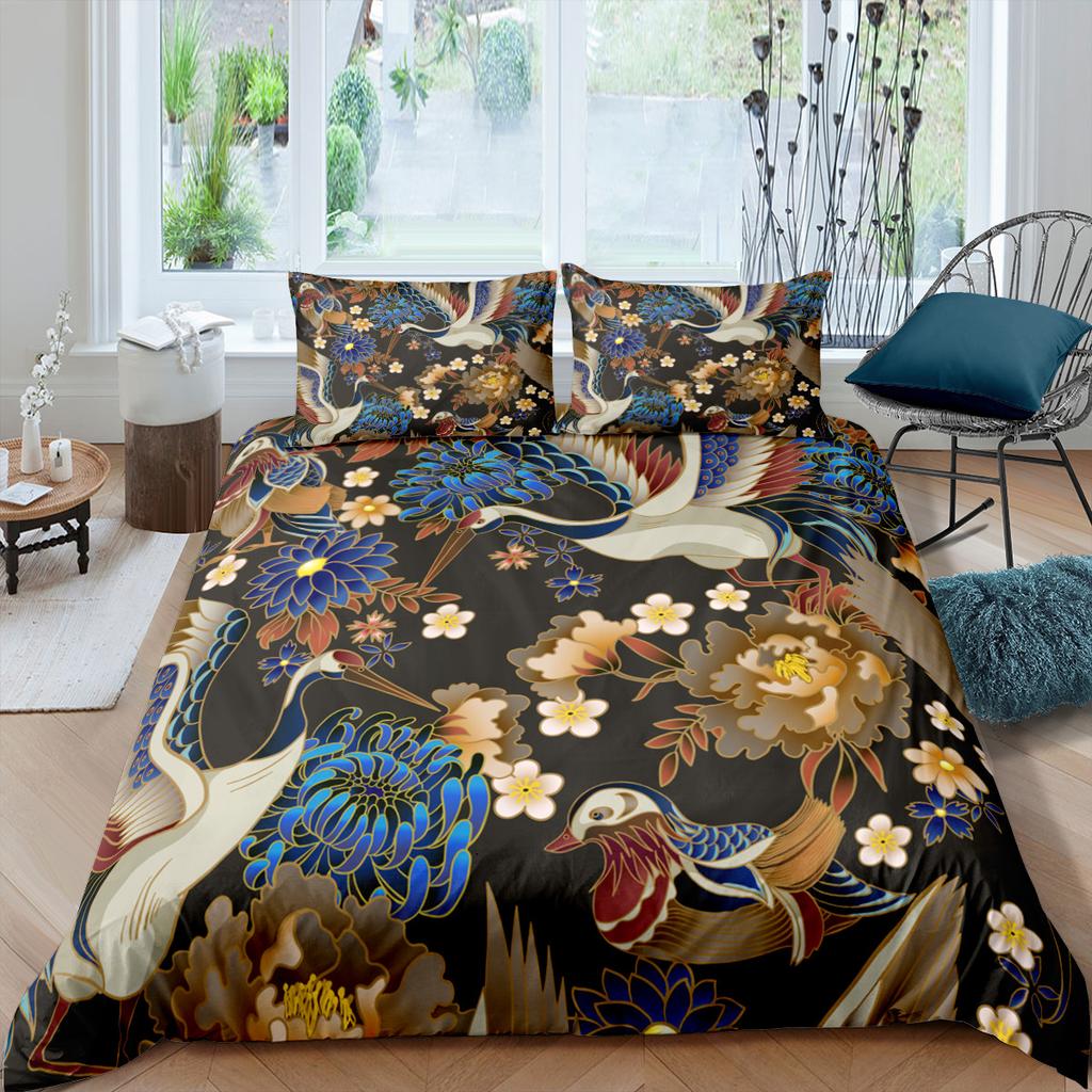 Japanse Kraan Dekbedovertrek King Queen Size Golf Bloem Ukiyo-e Stijl Beddengoedset Oosterse Cultuur 2/3 stuks Polyester Dekbedovertrek