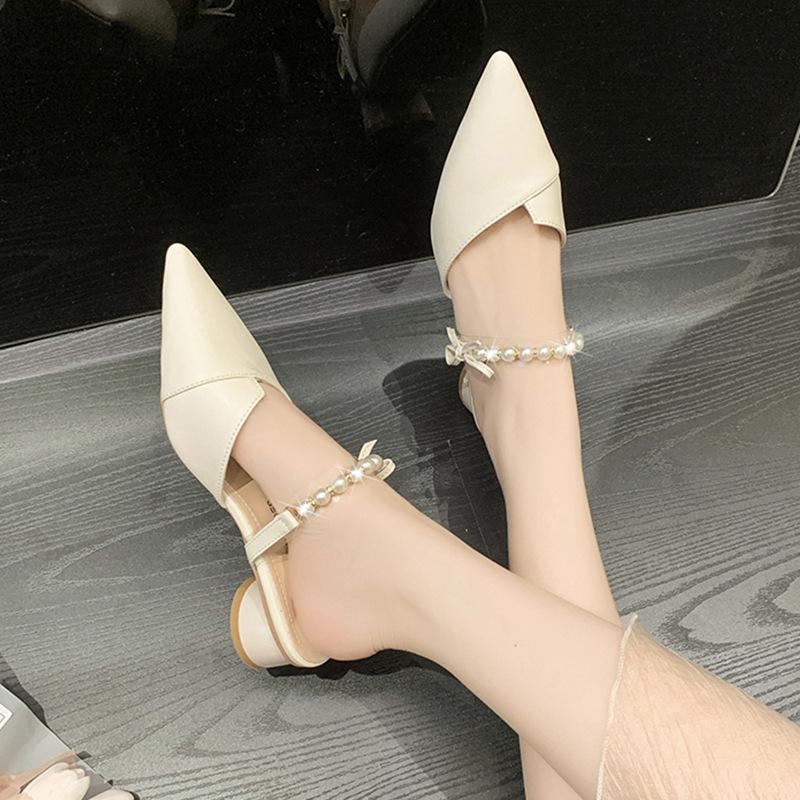 Baotou Half Slippers Women's New Summer Wear Pearl Fashion Thick Heel Small Size Sandals