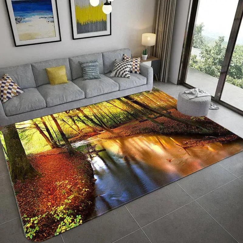 Natürliches Landschafts-3D-Teppich für Wohnzimmer Grüner Wald Wasserfall Landschaftsteppich Schlafzimmer Rutschfester Teppich im Badezimmer Groß